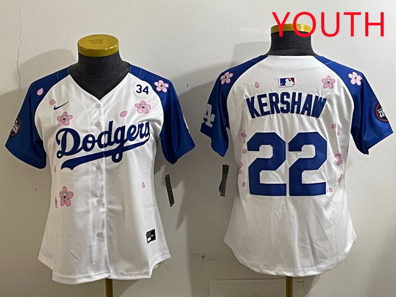 Youth Los Angeles Dodgers #22 Kershaw White Blue Sakura Edition 2025 Nike MLB Jersey style 7